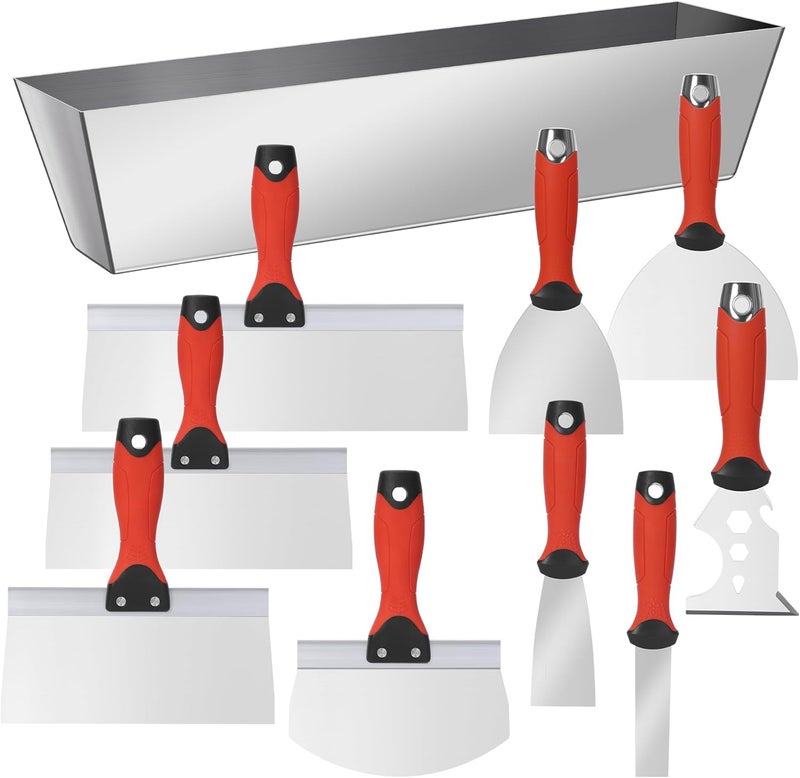SUMED 10Pcs Drywall Tool Kit, Stainless Steel Putty Knife Set with 1"-6" Knives, 8"-12" Taping Knives, 9-in-1 Painter Scraper, 12" Mud Pan & 6" Scoop for Drywall Taping, Finishing, and Patching - Image 1